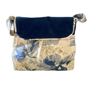 Handcrafted Upcycled Fabric Royal Blue Green Flower Purse w/Piping on Flap Med